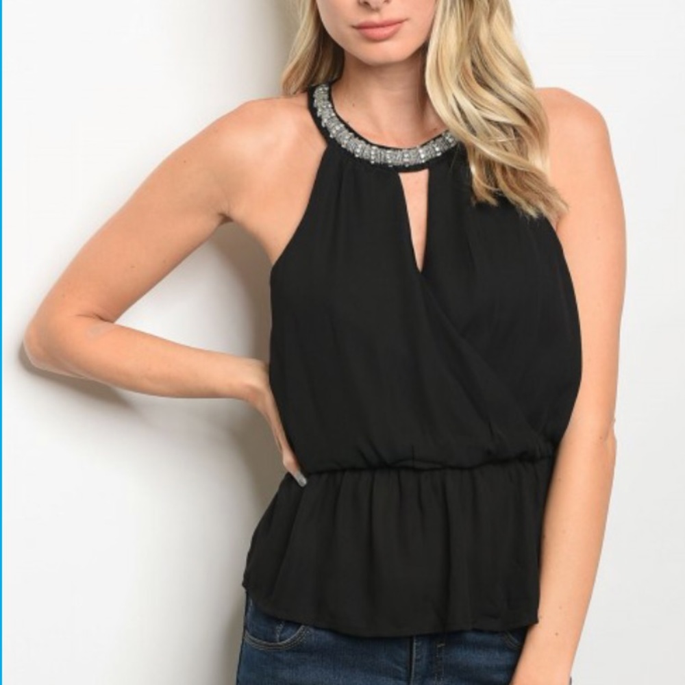 Beaded neckline chiffon tank
